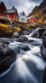Norwegian Nature in Fluid Motion: River, Mountain, and Red Houses