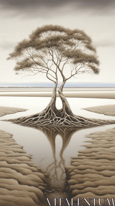 Surrealistic Biomechanics Tree by the Beach Artwork AI Image