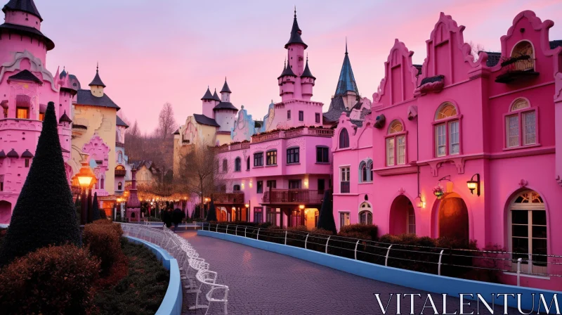 Fantastical Pink Castle in Vibrant Cityscape AI Image