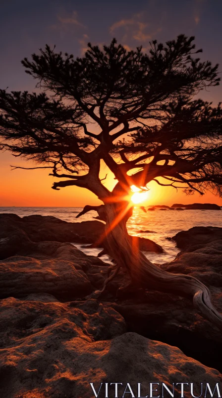 Backlit Oceanic Scene with Solitary Tree on Rock AI Image
