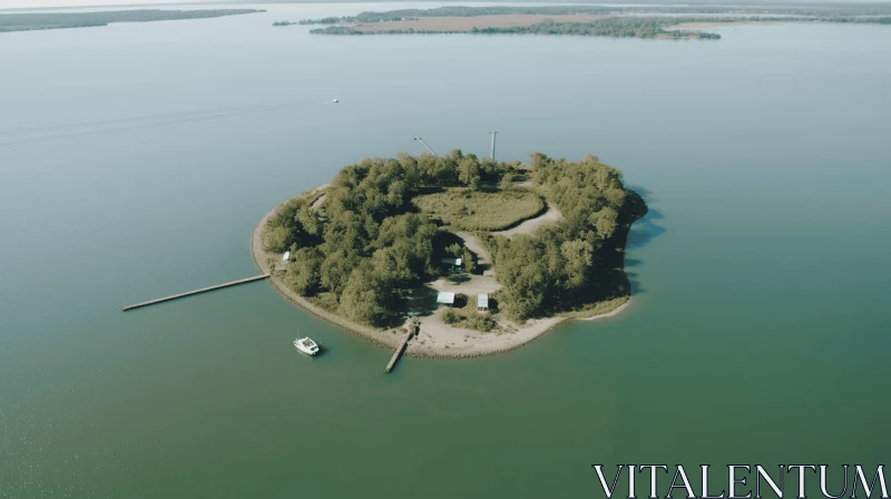 Aerial View of an Isolated Island with a Cabin and a Fishing Boat AI Image