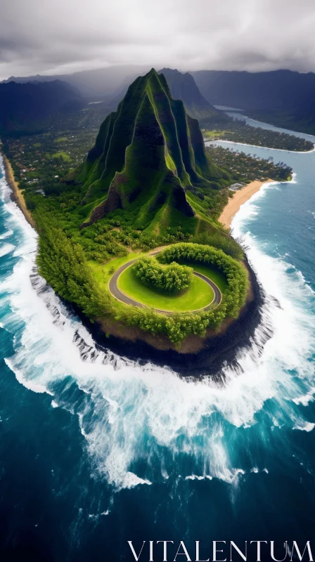 AI ART Aerial View of Tropical Island and Mountain by the Ocean
