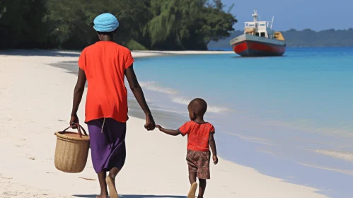 Mother and Child Beach Walk - An Afro-Caribbean Artistic Influence