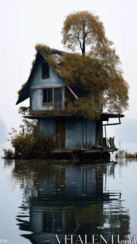 Rustic Floating House on Water - Haunting and Earthy AI Image
