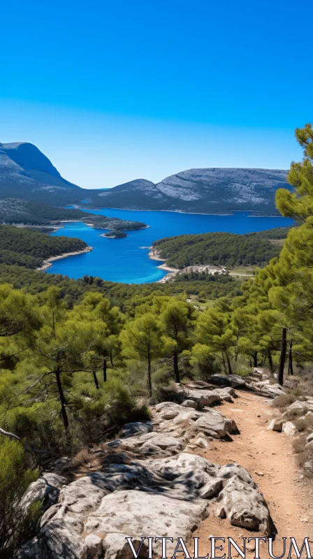 Idyllic Mediterranean Landscape - Hiking Trail, Lake, and Pine Trees AI Image