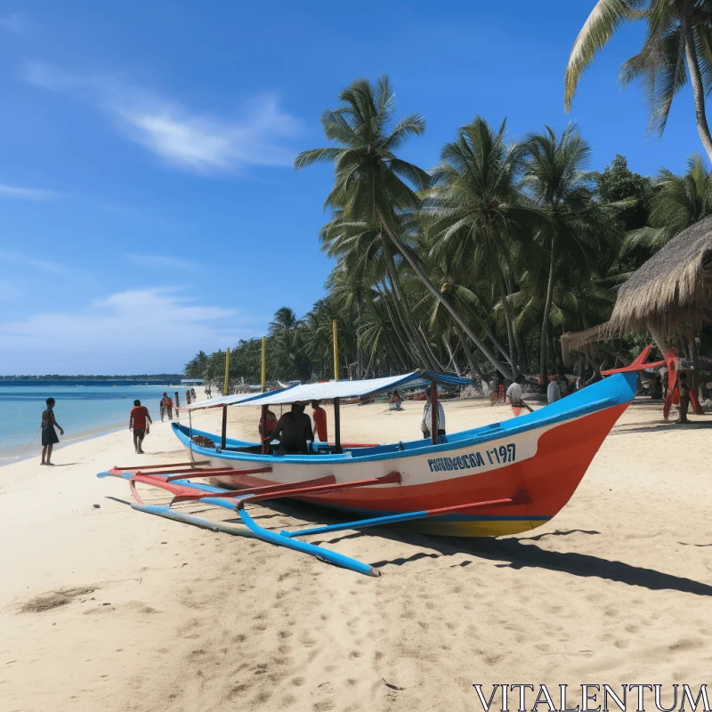 Serene Maritime Scene: Blue Boat and Palm Trees on Beach AI Image