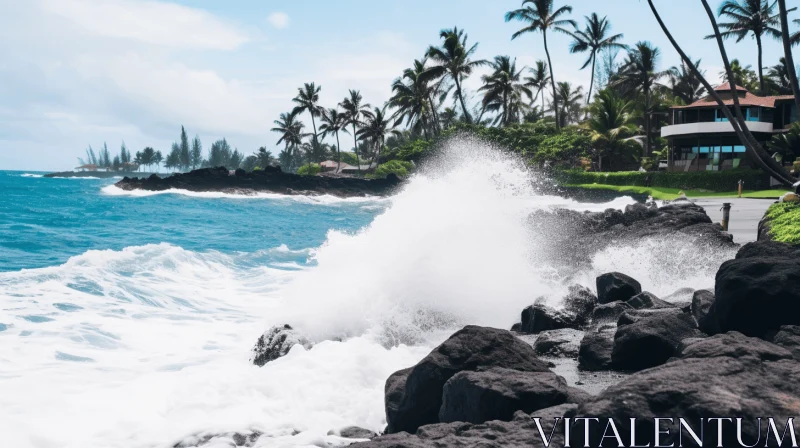 Unapologetic Grit: Rocky Beach with Palm Trees and Waves AI Image