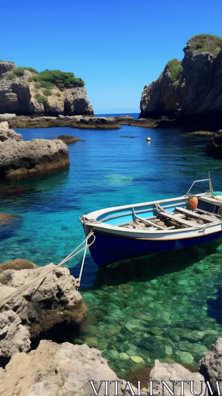 Azure Boat in Serene Mediterranean Landscape AI Image