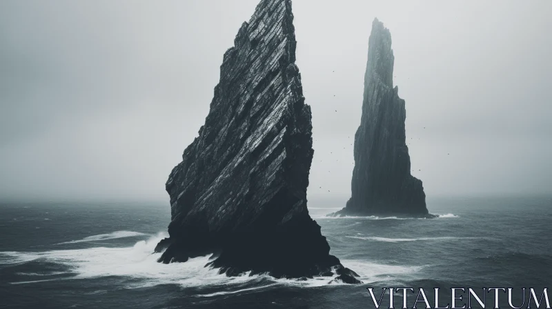 Surreal Monochrome Ocean Landscape with Rock Formations