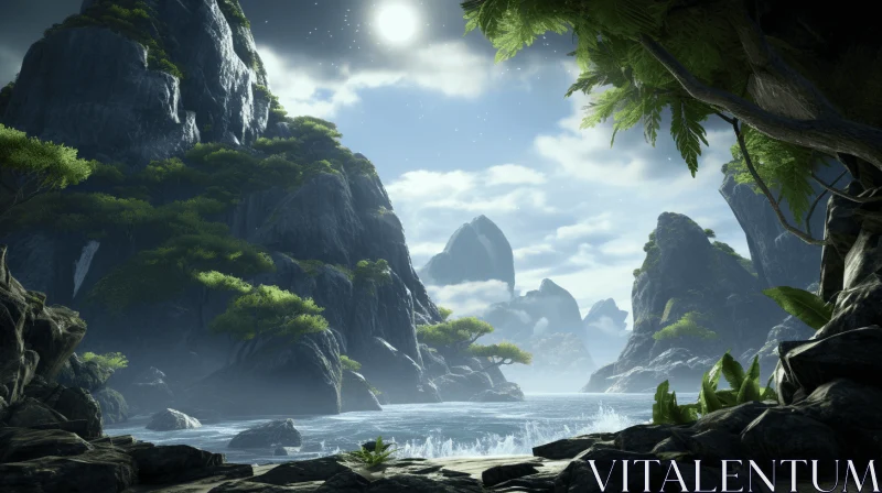 Luminous 3D Mountain Landscape - Tropical Gaming Wallpaper AI Image