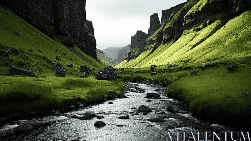 Icelandic Valley and Mountain Stream - A Romantic Wilderness AI Image