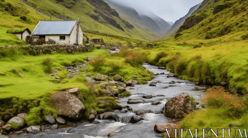 Quaint Old House in a Scottish Valley - A Serene Pastoral Landscape AI Image