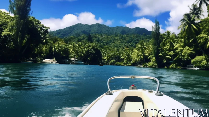 Tropical Motorboat Journey Amidst Mountainous Vistas AI Image