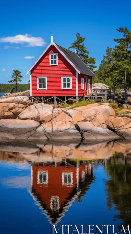 Serene Maritime-themed Lakeside Red Cottage AI Image