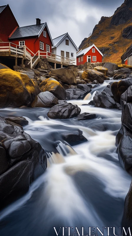 Norwegian Nature in Fluid Motion: River, Mountain, and Red Houses AI Image