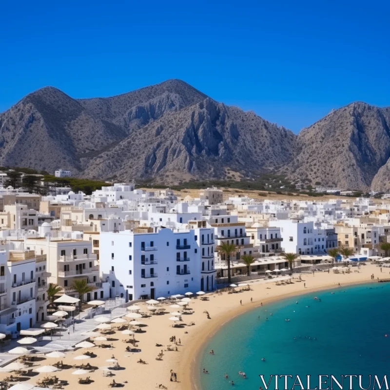 Serene Beach Scene with Mediterranean-Inspired Architecture AI Image