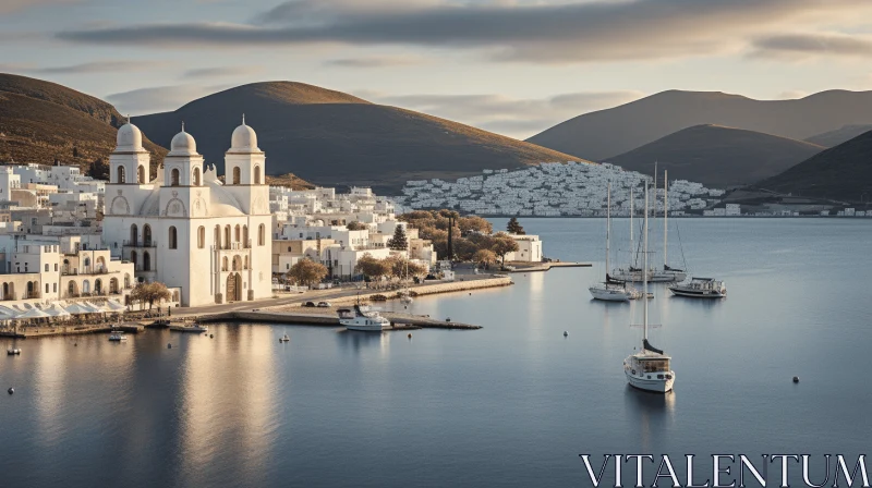 Serene Greek Harbor City in Golden Hues AI Image