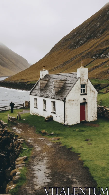 Vintage Ocean-side Cottage Amidst Majestic Mountains AI Image