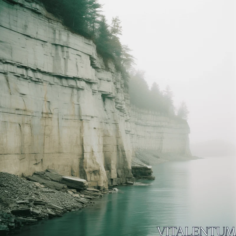 Fog-Enshrouded Lake with Cliffs: A Study in Naturalistic Portraiture AI Image