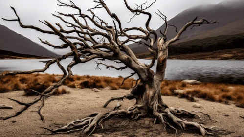 Macabre Fantasy: Lifeless Tree by the Lake in Scottish Landscape