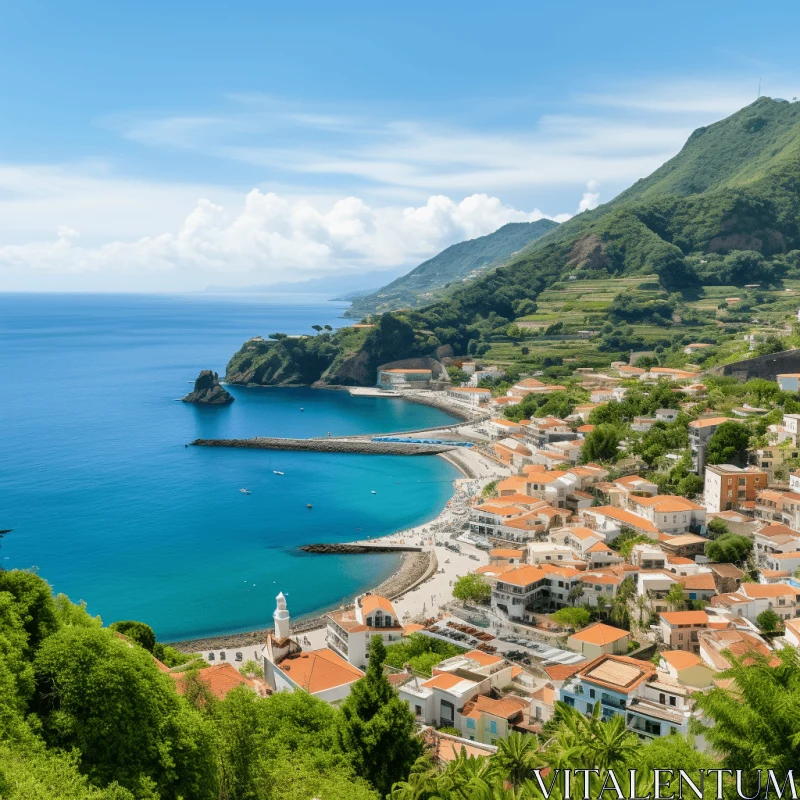 Picturesque Coastal Village Surrounded by Hills and Blue Ocean AI Image
