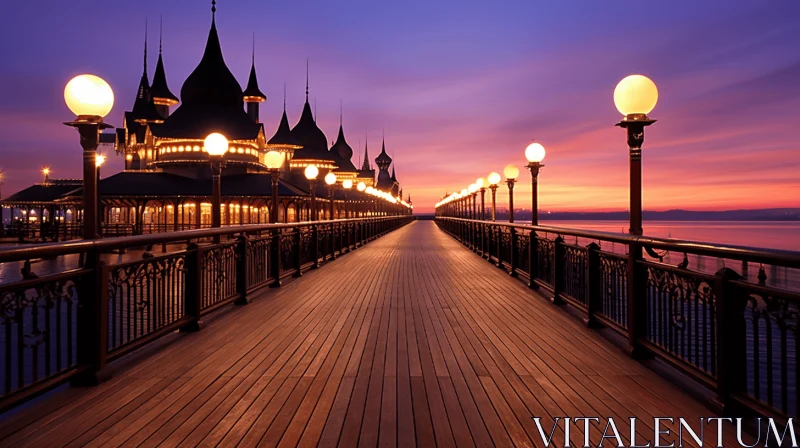 Romantic Seaside Wooden Bridge under Lamppost Glow AI Image