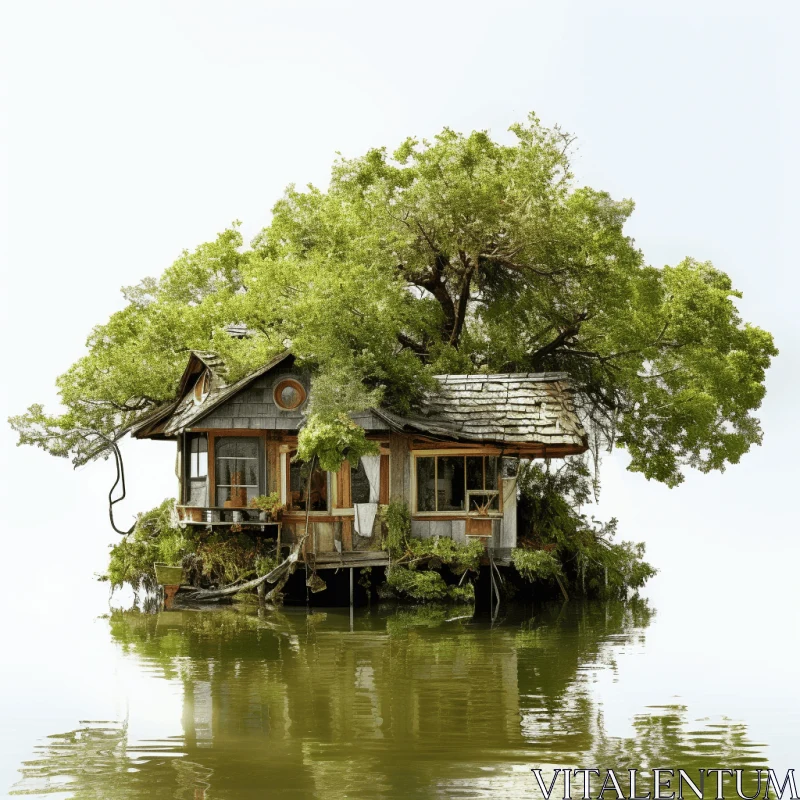 Enchanting Riverside House Adrift - The Art of Nature and Camouflage AI Image