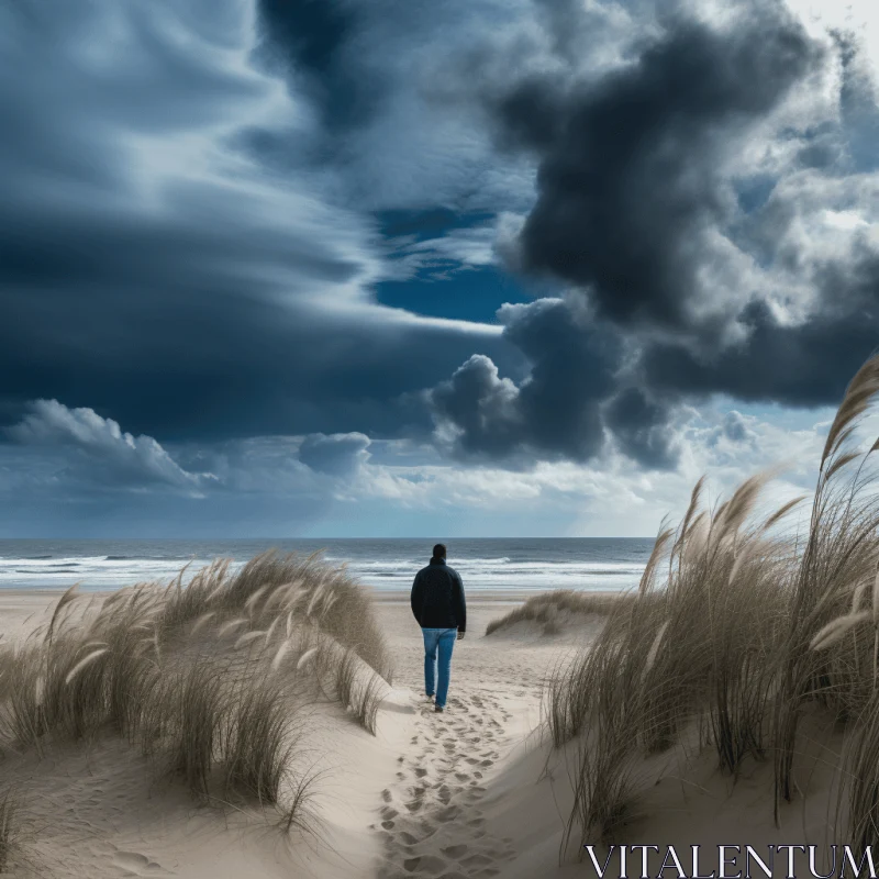 Monochromatic Beach Walk Amidst Dutch Landscapes AI Image
