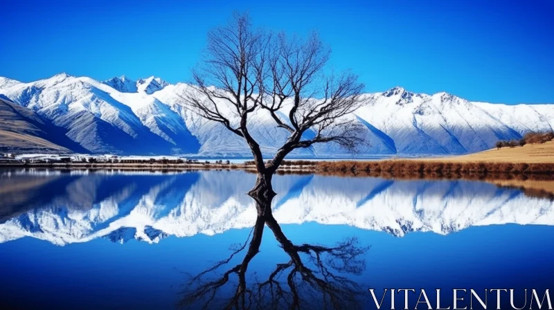 Serene Lake Reflection with Tree and Mountains, New Zealand AI Image