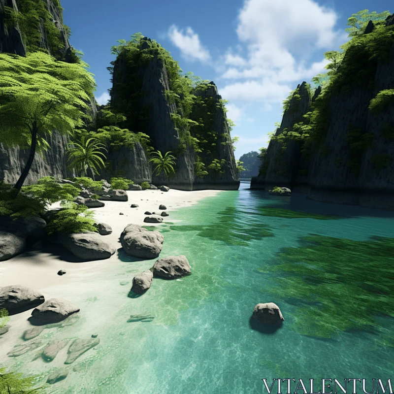Serene Tropical Landscape with Calm Waters and Lush Greenery AI Image