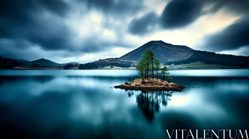 Solitary Tree on Island in Tranquil Lake Scene AI Image
