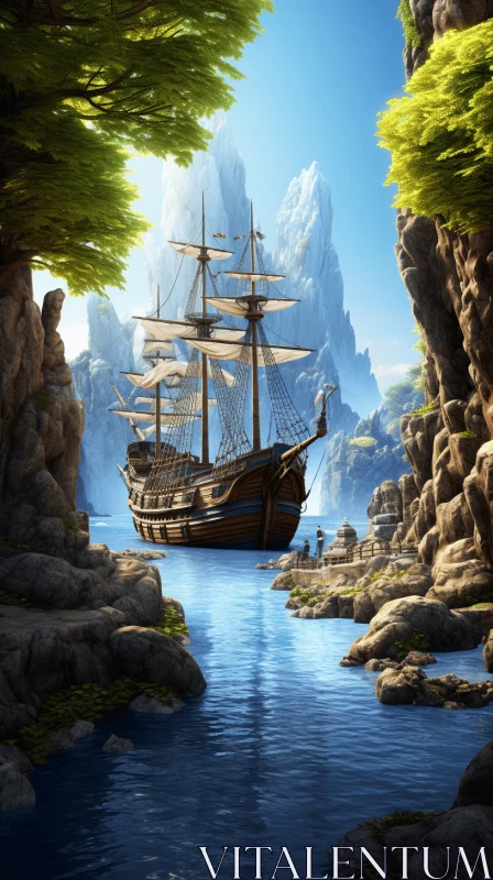 Fantasy Inspired Nautical Landscapes: Ships and Nature AI Image