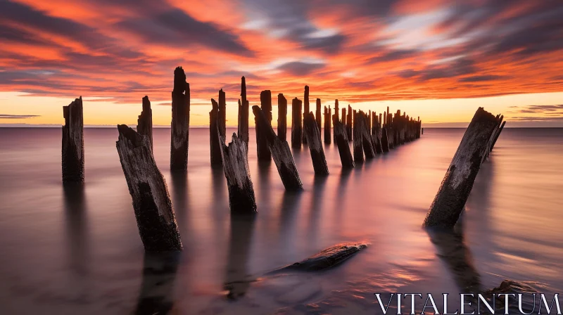 Serene Sunset Over Lake with Wooden Posts | Grandiose Ruins AI Image
