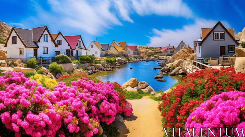 Romantic Lakeside Village Scene with Colorful Houses and Flowers AI Image
