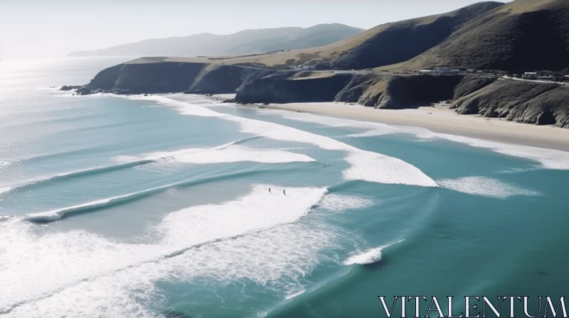 Surfers Riding Waves: Aerial View in Whistlerian Style AI Image