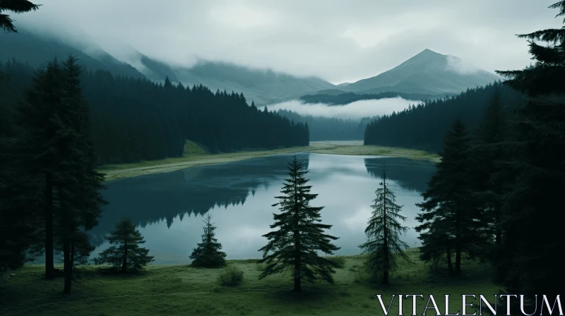 Atmospheric Forest Lake: Tranquil and Moody Landscape AI Image