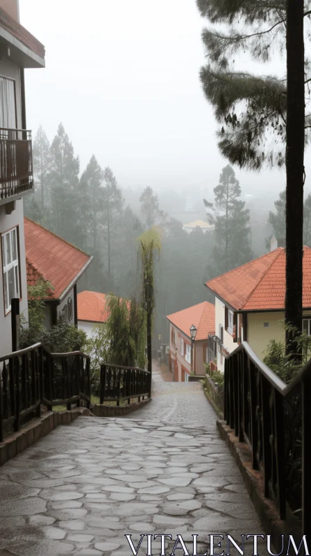 Misty Suburban Scene with Cobblestone Path and Wooden Details AI Image
