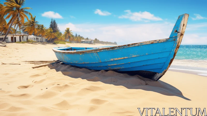 Post-Apocalyptic Beach Scene with Blue Boat AI Image