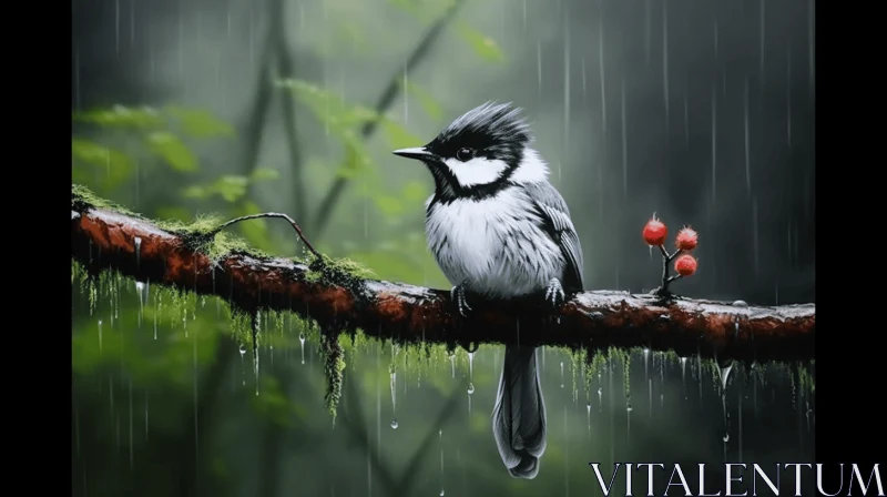 Cartoon Realism Depiction of Bird Perched on Branch in Rain AI Image