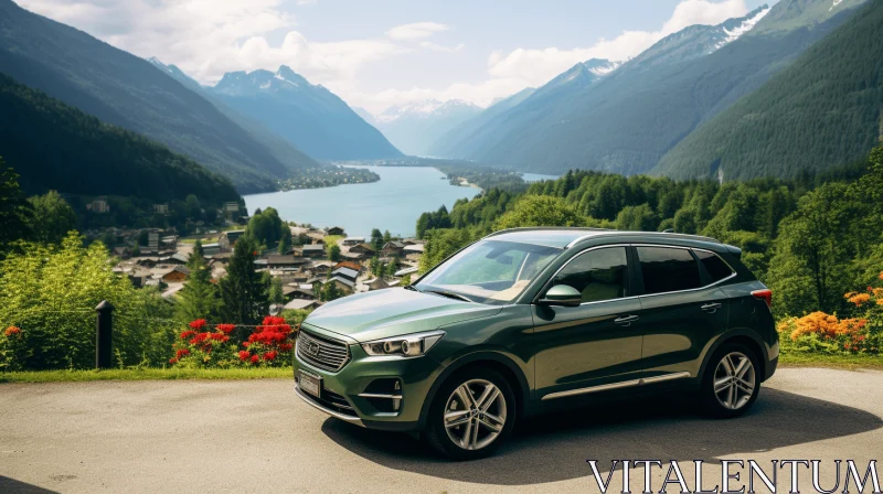 Green Hyundai Tucson Parked in Front of Majestic Mountain and Serene Lake AI Image