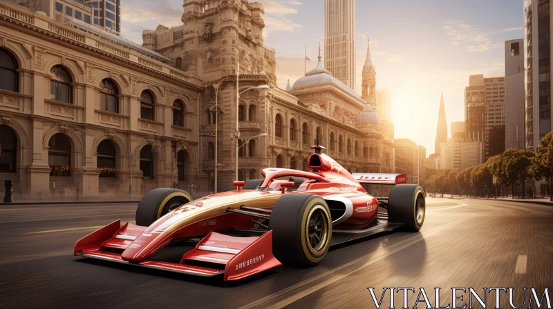 Red Formula 1 Race Car Speeding Through Urban Sunset AI Image