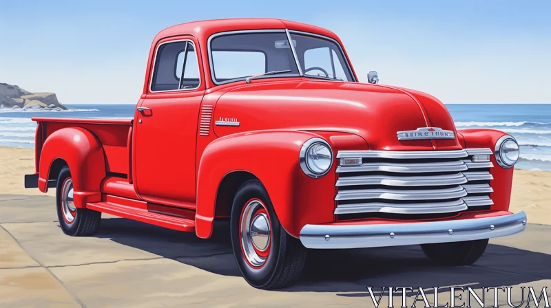 Red Pickup Truck on Beach - Realistic Hyper-Detailed Rendering AI Image