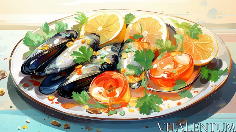 Delicious Plate of Mussels - Artistic Digital Painting AI Image