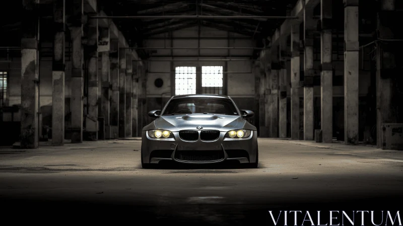 Captivating BMW Image: Dark Warehouse, Impressive Panoramas, Soft-focus Technique AI Image