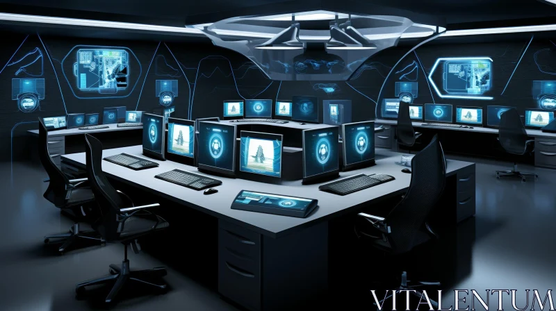 AI ART Futuristic Control Room with Computer Workstations
