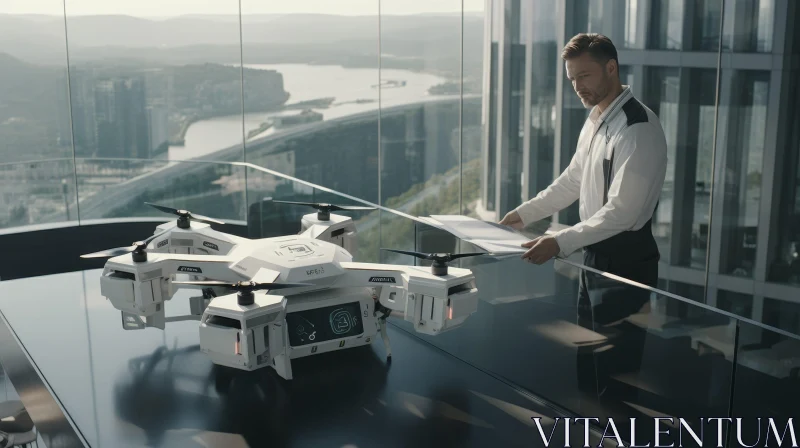 Modern Office Scene with Man and Futuristic Drone AI Image