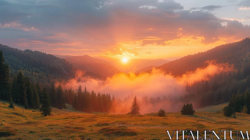 AI ART Mountain Valley Sunset Landscape - Tranquil Nature Scene