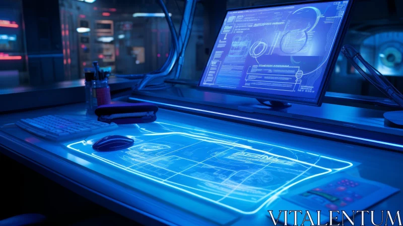 Futuristic Glass Computer Desk with Blue Light AI Image