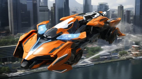 Futuristic Orange and White Flying Car Over City