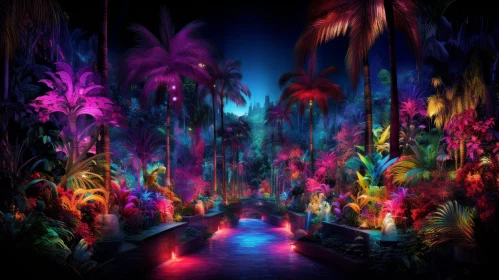Enchanting Night View of Tropical Forest and Cityscape AI Image